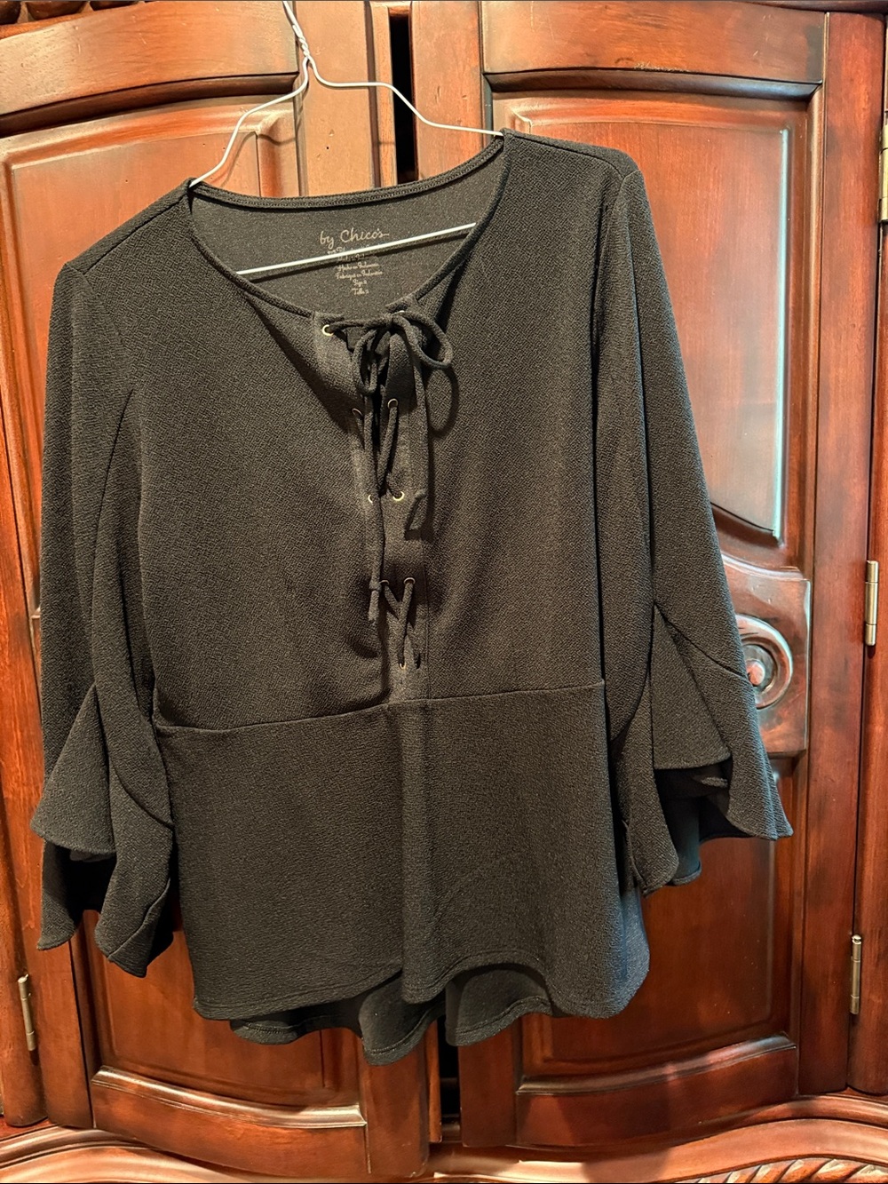Chico's Black Lace-Up V-Neck Ruffle Sleeve Blouse